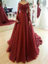 Long Sleeves Lace Burgundy A Line Tulle Prom Dresses LBQ3769